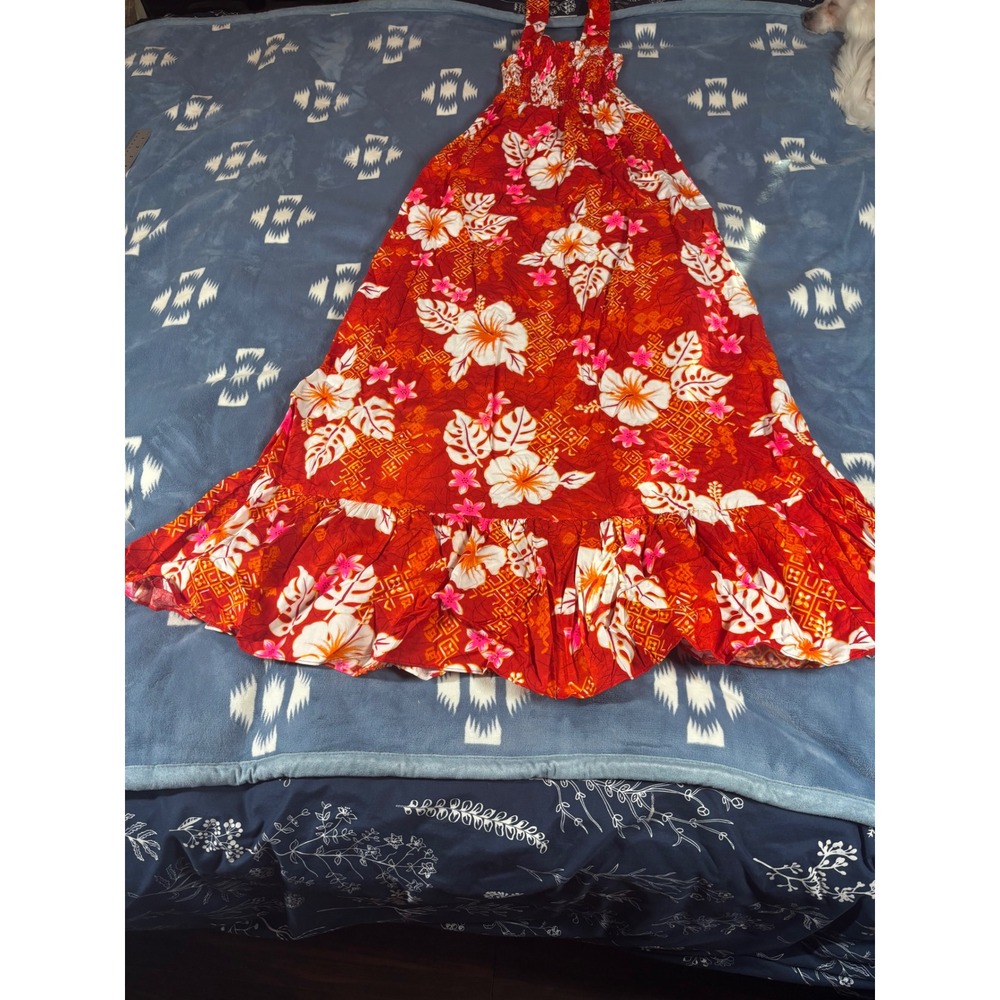 Royal Hawaiian Red Floral Cotton Smocked Maxi Dress Ruffle Hem Size S Style 602